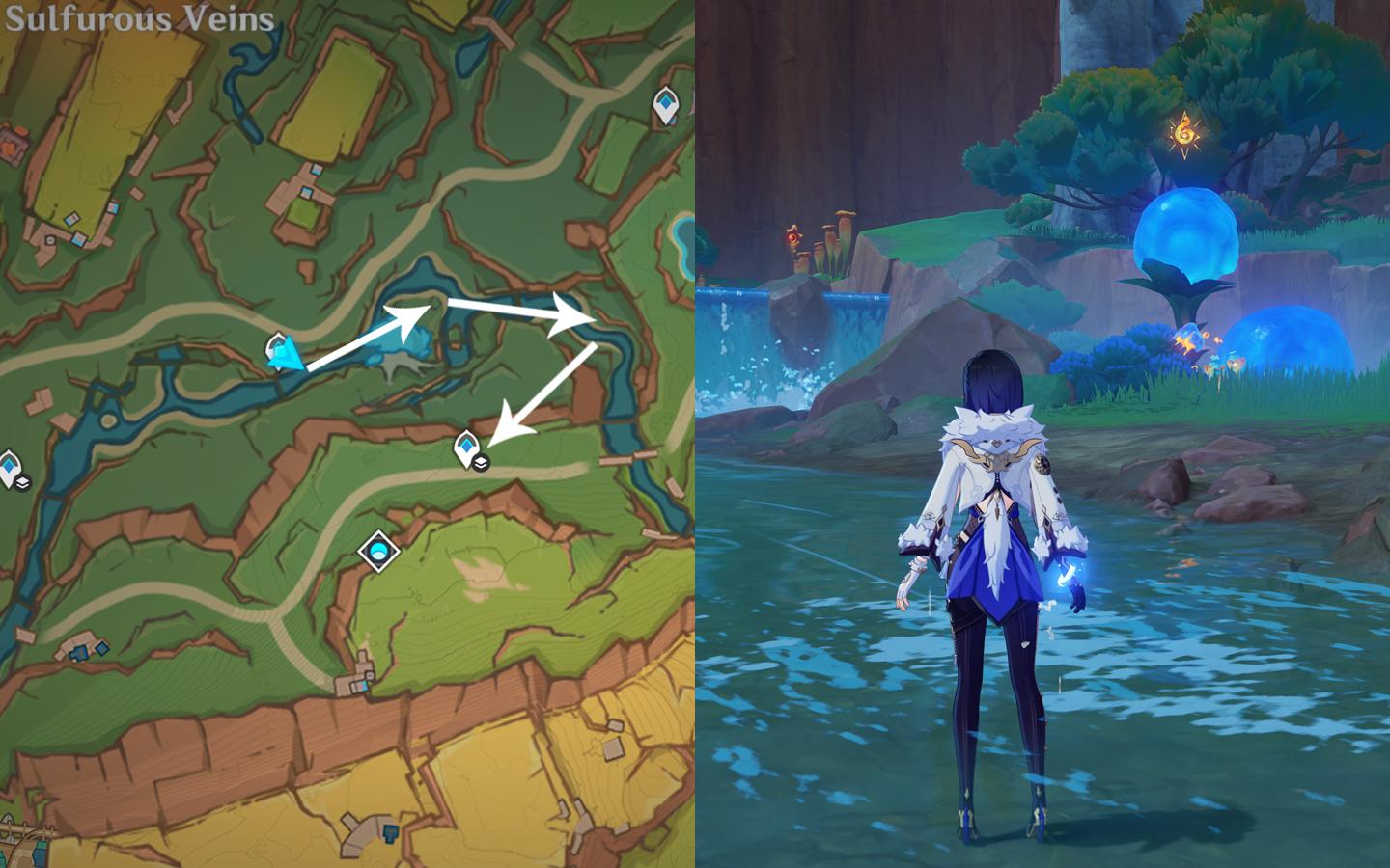 A split image shows the best farming route for Quenepa Berries in Genshin Impact