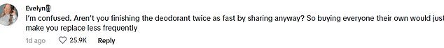 In the TikToker's video, which has been viewed more than a million times, the influencer recalled her argument with her husband in which she argued that using the same deodorant is 