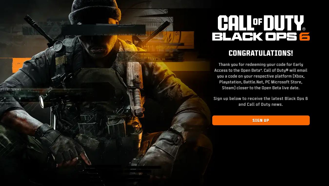 A 'congratulations' message for redeeming a code for the Black Ops 6 Beta.