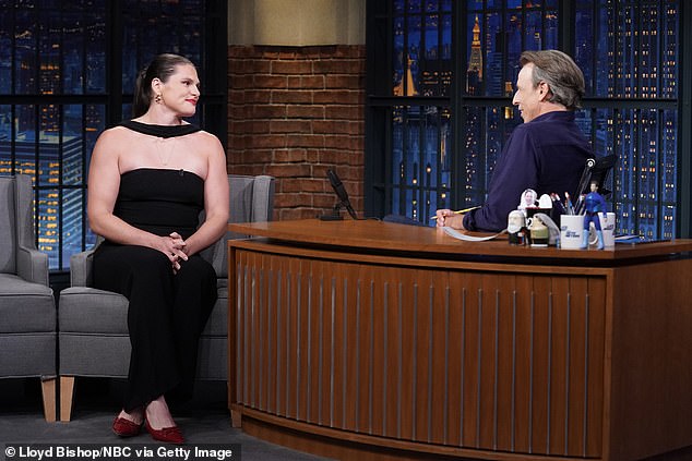 Team USA rugby Olympian Ilona Maher during an interview with host Seth Meyers on August 12