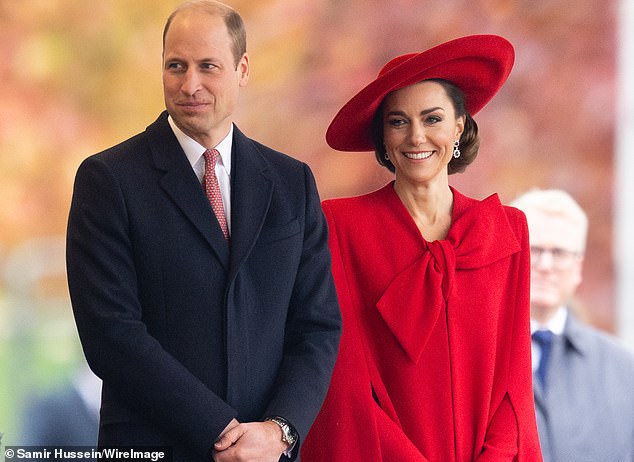 Prince William and the Princess of Wales attend a ceremonial welcome for the President and First Lady of the Republic of Korea during Horse Guards Parade on November 21 last year