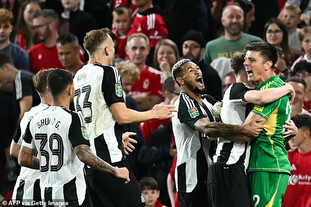 Nick Pope was mobbed by his teammates as Eddie Howe's team reached the third round