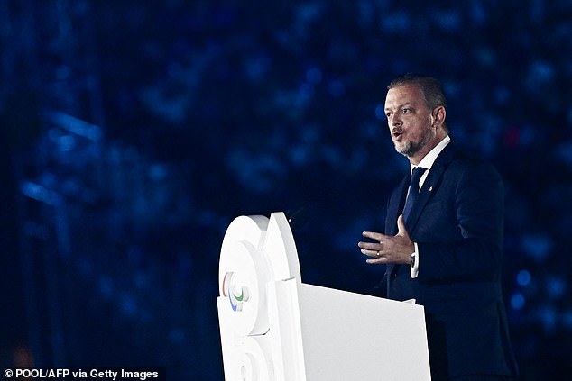 International Paralympic Committee President Andrew Parsons delivers a speech