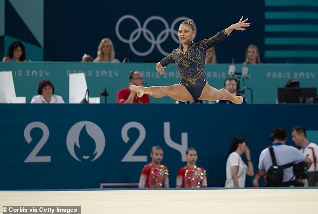 Flávia Saraiva performs her floor exercise during the artistic gymnastics team final at the Paris 2024 Summer Olympics on July 30