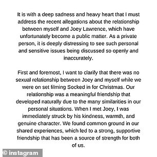 Melina wrote in her statement: 'It is with deep sadness and a heavy heart that I must respond to the recent allegations regarding the relationship between me and Joey Lawrence'