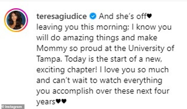 Teresa's post comes two days after she officially dropped Milania off at university — and her new home