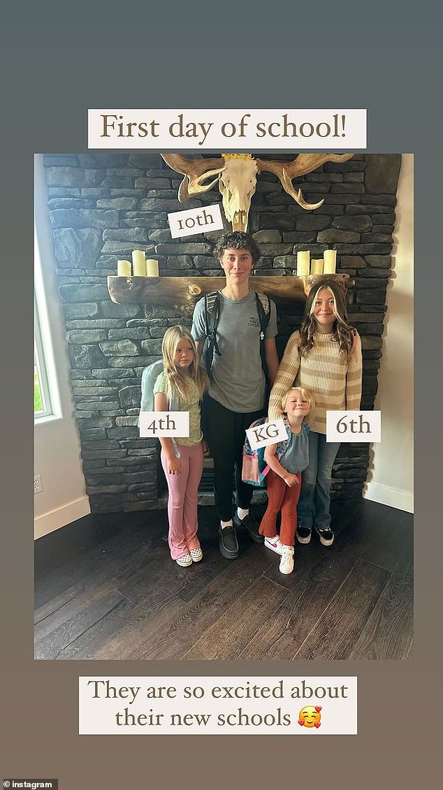 Sunny posted a photo of Tripp, who is entering 10th grade, with his three sisters Breeze, 13, Indy Rae, eight, and Delta Jo Johnston, five, with their respective classes