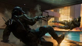 Two operators duck around each other while firing their weapons