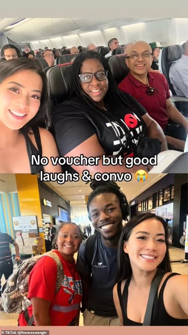 The newsreader's joy turned to disappointment when she learned that the passenger who was initially rejected had already accepted the voucher, but she made the best of it with her new friends from the plane