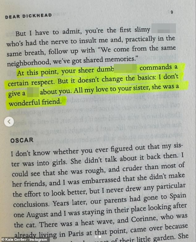 In a second photo, Kaia highlighted a paragraph from the book that read: 