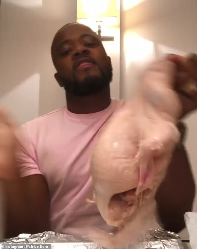 For about eight seconds, Evra can be seen picking up the chicken by the legs and hitting it several times