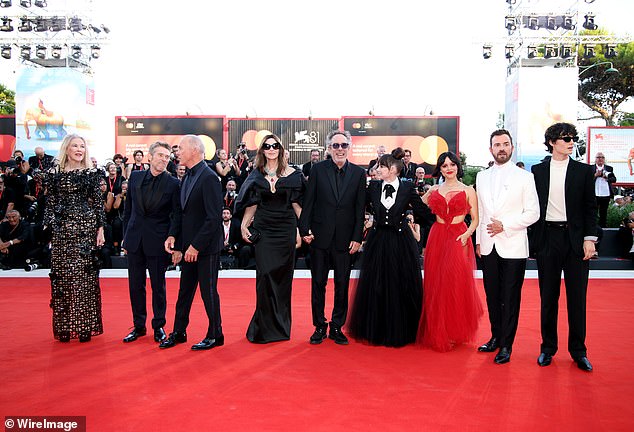 The cast of Beetlejuice Beetlejuice hit the carpet (pictured from left to right: Catherine O'Hara, Willem Dafoe, Michael Keaton, Monica Belluci, Tim Burton, Winona Ryder, Jenna Ortega, Justin Theroux, and Arthur Conti)