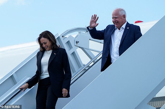 Democratic presidential candidate and U.S. Vice President Kamala Harris and vice presidential candidate Tim Walz arrive at Savannah/Hilton Head International Airport in Savannah, Georgia,