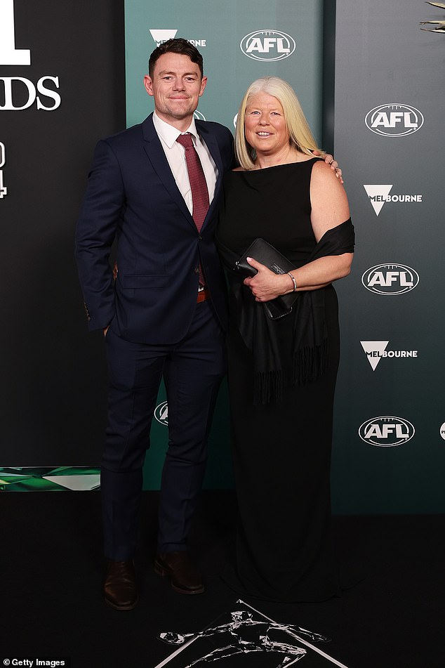 Elsewhere at the AFL Awards, Lions' Lachie Neale, 31, (left) arrived with his mother Amanda Neale (right)