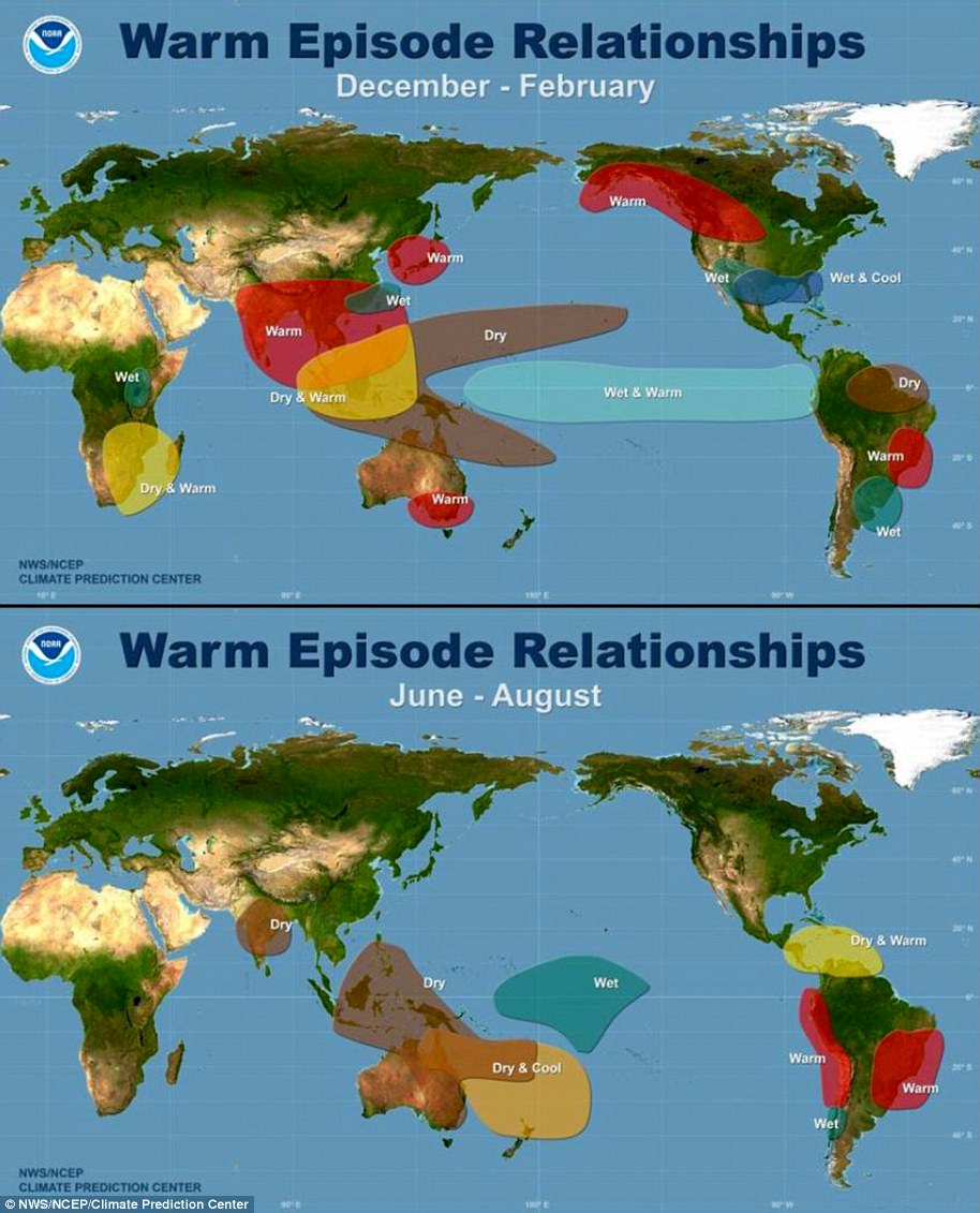 Maps showing the most common effects of El Niño ('warm episode', top) and La Niña ('cold episode', bottom) in the period December through February, when both phenomena are strongest