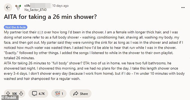 “AITA for taking a 26 minute shower?” the woman captioned a post on Reddit's infamous AmItheA**hole forum