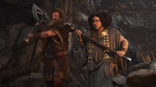 Prince Durin and Princess Disa wield their axe and hammer in The Rings of Power season 2