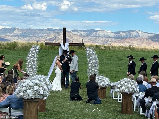 Sister Mckenzie Tyner later said the bride and her mother were forced to find a replacement dress after the original dress arrived in the wrong size. PICTURED: The bride wears a different dress down the aisle