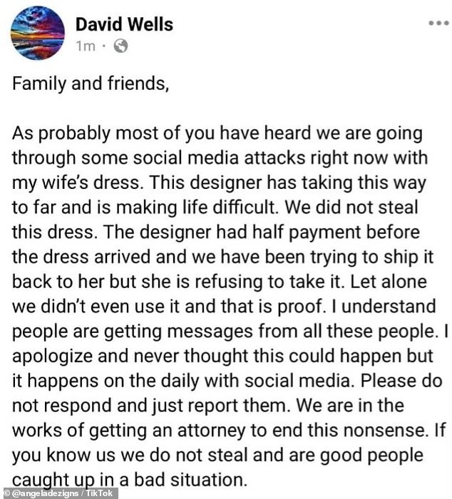 Husband David Wells has also since released a statement claiming that Ca'Zanthia received half the amount up front and that now that they have received the dress, attempts are being made to return it.