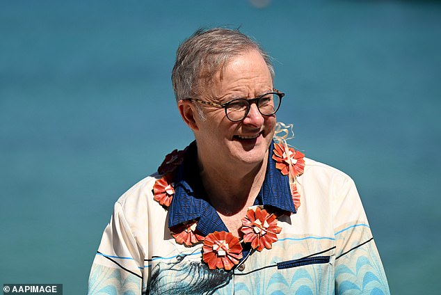 Along with the other leaders, Mr Albanese (pictured) wore a brightly coloured shirt and a traditional Tongan kahoa leis