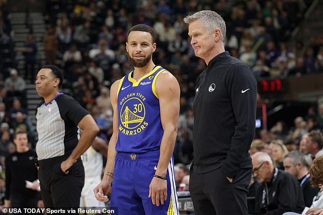 Now the legendary point guard has been rewarded with a new contract with Golden State, where he plays under Steve Kerr (right)