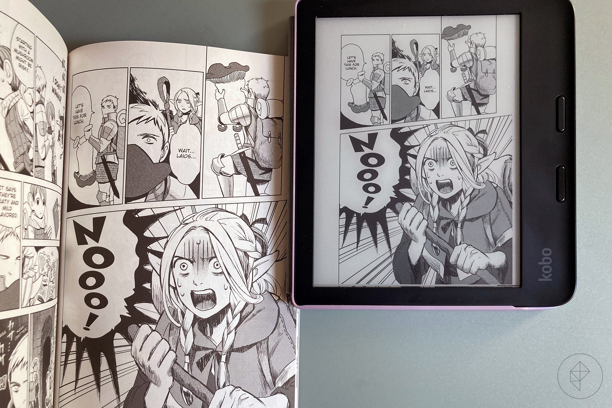 Kobo Libra display of a Delicious Dungeon image next to the physical paper version of that page