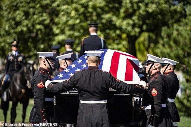 The 3rd U.S. Infantry Regiment (The Old Guard) Caisson Platoon, Marines of the "The President's Own Opinion" Marine Band and Marines from the Marine Barracks, Washington, DC (8th and I) perform military funeral ceremonies with burial escort for U.S. Marine Corps Staff Sgt. Darin Hoover in Section 60 of Arlington National Cemetery in September 2021