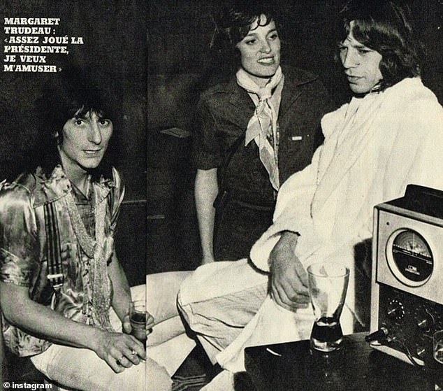 He appeared to be poking fun at his mother Margaret Trudeau and the time she spent partying with the Rolling Stones in the 1970s. Pictured: Margaret (center) pictured with Jagger (right) and guitarist Ronnie Wood (left)