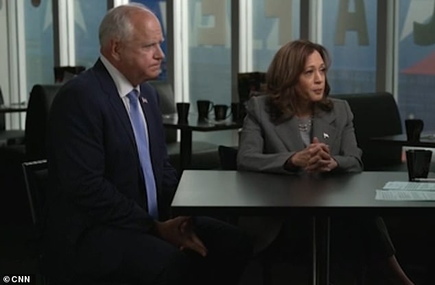 The juxtaposition aired ahead of Walz's anticipated interview with Kamala Harris on Thursday, which will air on CNN. A still from the interview — Harris' first — can be seen here