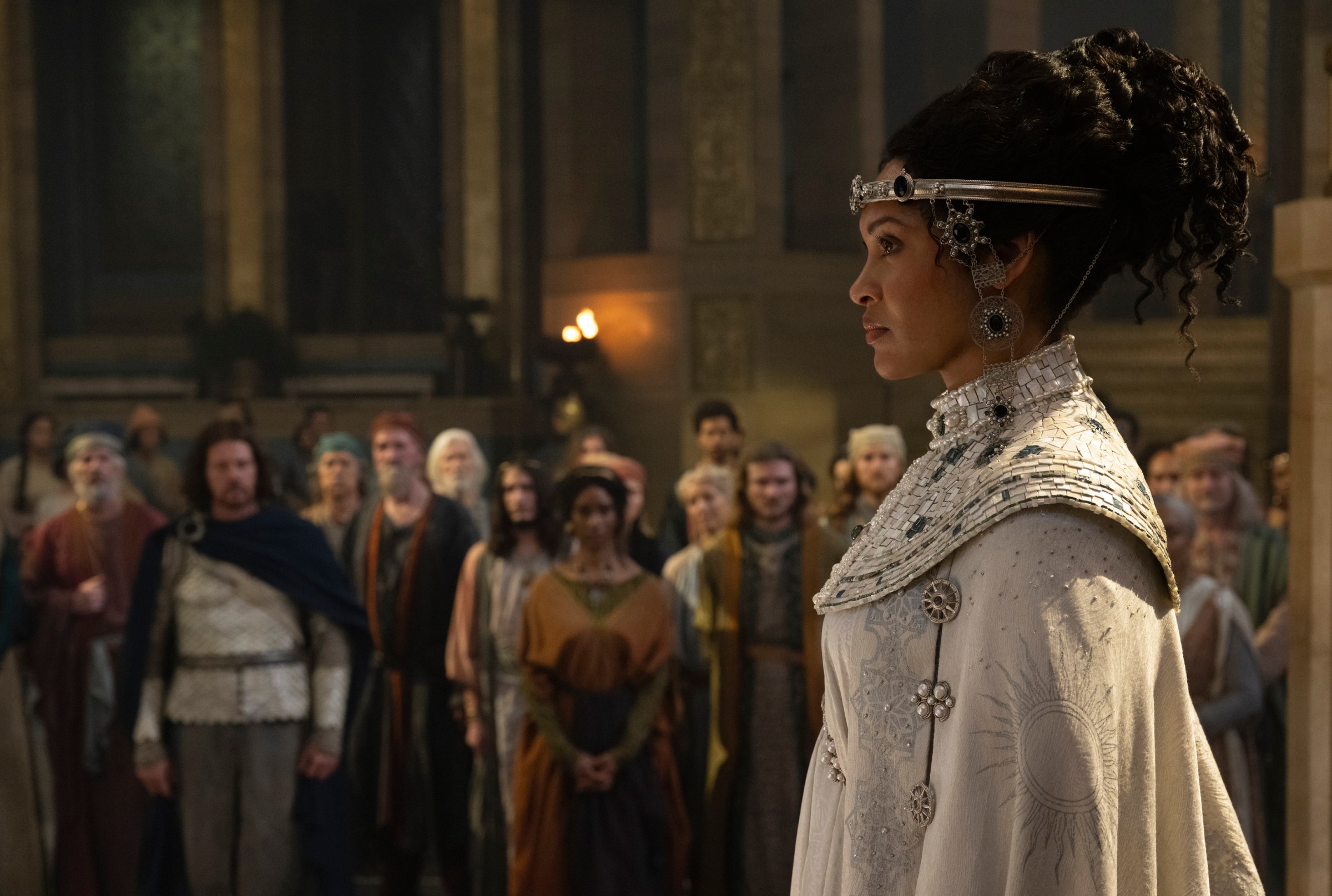 Cynthia Addai-Robinson as Queen Regent Miriel at her coronation