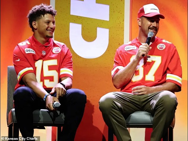 Patrick Mahomes (15) and Travis Kelce (87) attend a preseason roster event in Missouri