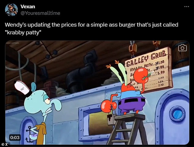 An X user shared a clip from the cartoon showing Mr. Krabs raising the price of a Krabby Patty to over $100, suggesting that Wendy's will similarly raise its prices