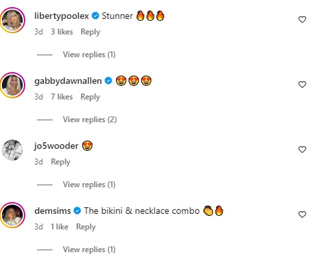 In the comments, Georgia's friends responded en masse to the star, with Liberty Poole writing: 'Stunner' alongside a series of fire emojis