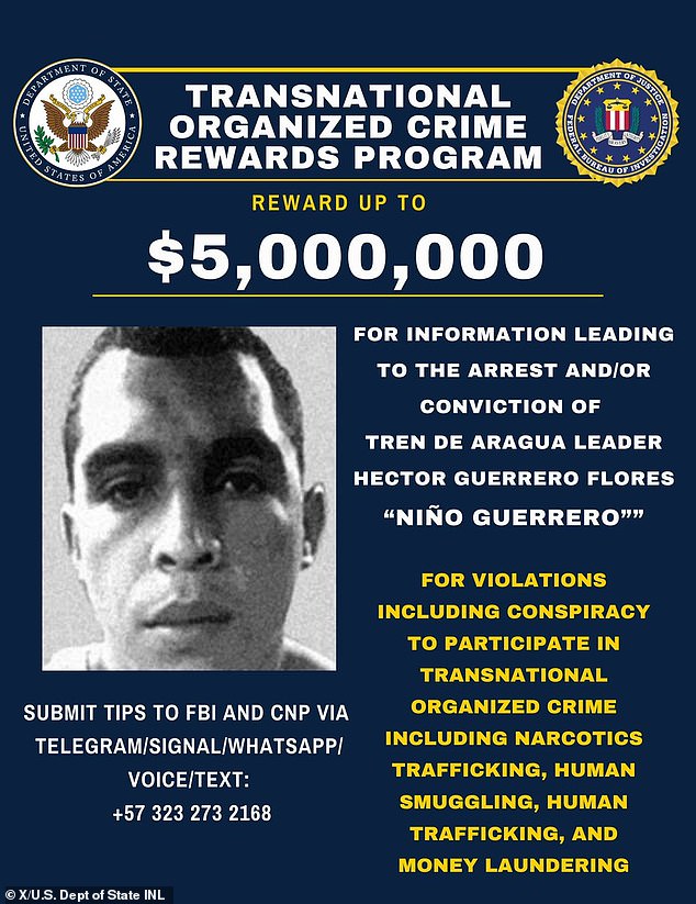 Last month, the U.S. government designated Tren de Aragua as a transnational criminal organization and announced a $5 million reward for the capture of its leader, Hector “El Nino” Guerrero Flores