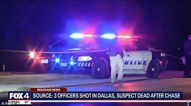 Police responded to a call for officer assistance shortly after 10 p.m. Thursday in the 900 block of East Ledbetter Drive and found an injured officer in a patrol car, Dallas police said in a statement. Pictured: A video from the scene broadcast by Fox 4 News