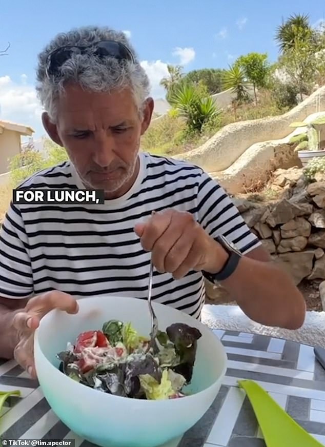 For lunch, Professor Spector made a quick salad with seasonal vegetables, topped with a kefir-based dressing