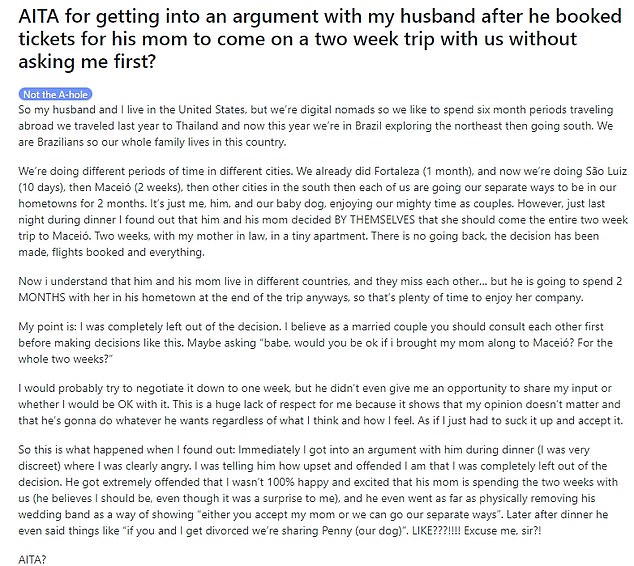 The anonymous woman took to Reddit to vent her issues with her husband, admitting that she and her husband — whom she did not name — were 