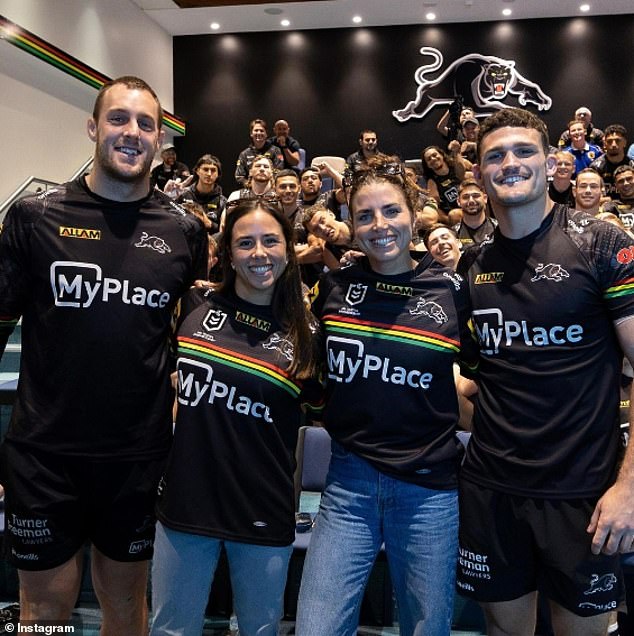 Jess and Noemie Fox visited the Panthers headquarters this week to inspire the squad ahead of the final (pictured, with co-captains Isaah Yeo and Nathan Cleary)