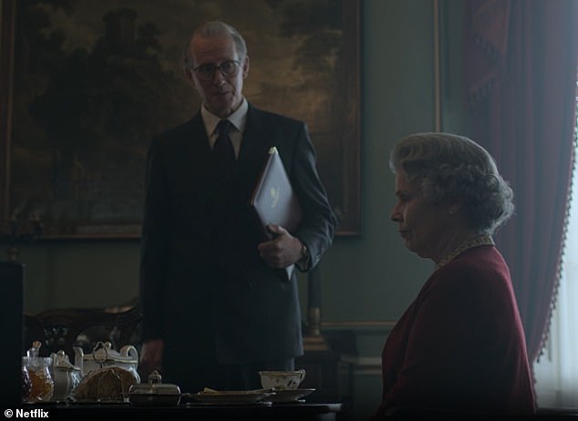 Lord Fellowes was played by Andrew Havill (centre) alongside Imelda Staunton as the Queen