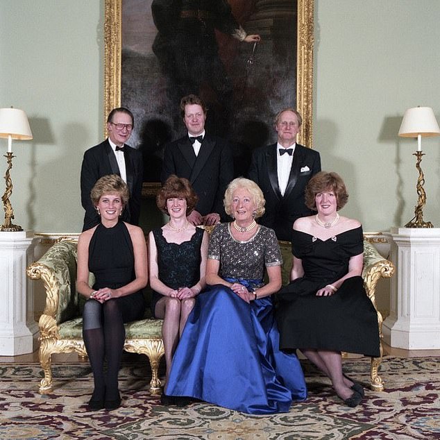 Lord Fellowes (top left) with Princess Diana and her family in 1995. Seated (left): Diana, Lady Sarah McCorquodale (sister), Frances Shand Kydd (mother) and Jane Fellowes (sister). Standing (left): Lord Fellowes, Charles, Earl Spencer (brother) and Neil McCorquodale