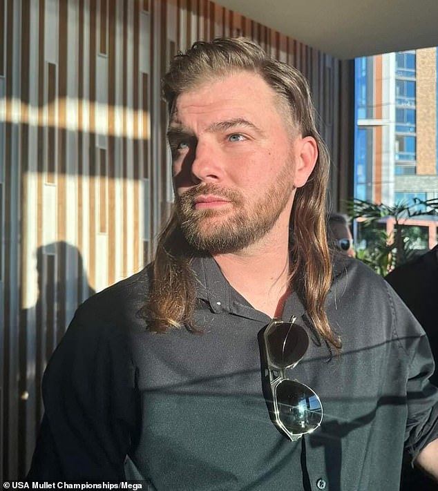 Scott Salvadore of Stillwater, New York, second at the USA Mullet Championships, with his mullet "The Curtains of the Lord"