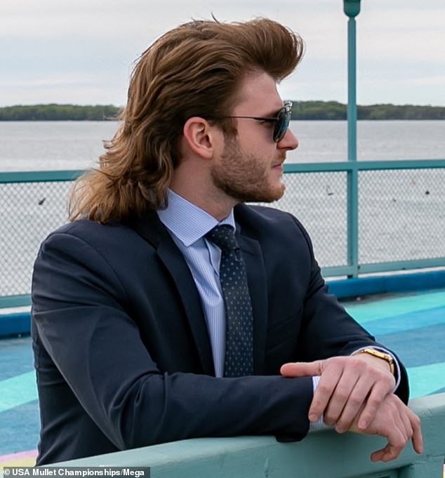 USA Mullet Championships 2024 "Mane Event" Third place finalist Holden Stevanus of Erie, Pennsylvania, with his mullet "Rebellious ruffles"