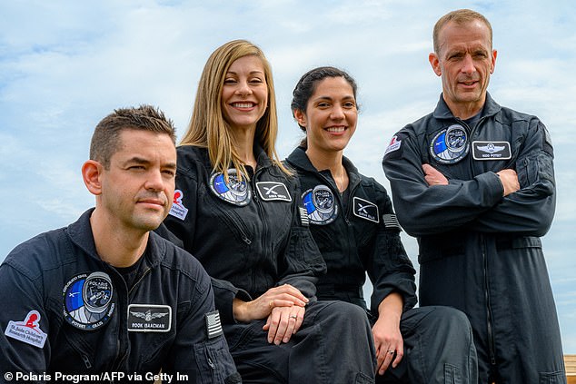 The crew for the Polaris Dawn mission includes (left to right) billionaire Jared Isaacman, SpaceX engineers Anna Menon and Sarah Gillis, and Air Force Lt. Col. Scott Poteet