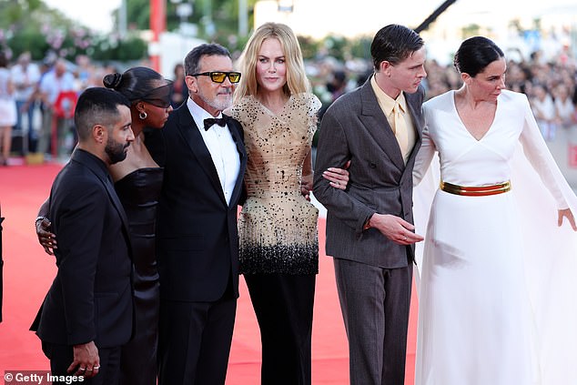 At the event, Antonio was joined by Nicole Kidman, 57, who plays the role of influential CEO Romy in the film (pictured L-R David Hinojosa, Sophie Wilde, Antonio, Nicole, Harris Dickinson and Halina Reijn)