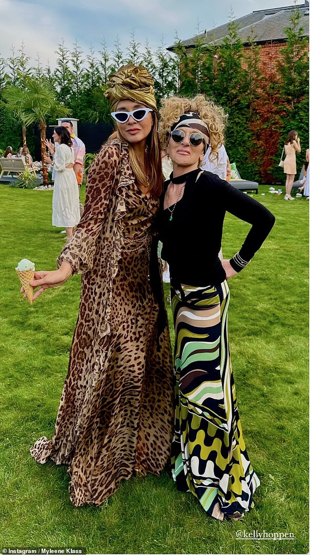 Myleene was also joined by interior designer Kelly Hoppen who looked chic in a graphic print maxi skirt and headscarf