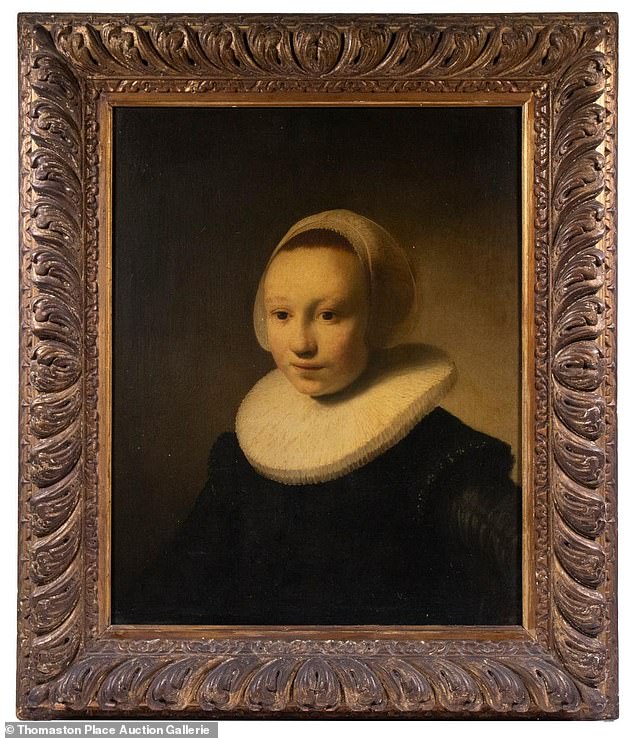 In the painting, a teenage girl wears an elegant black dress, along with a white pleated collar and hood