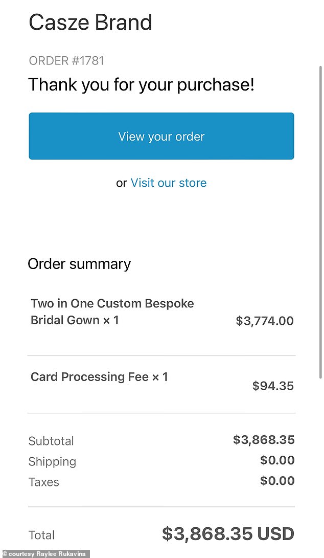 Rukavina also shared a confirmation receipt showing that she had already paid $3,774, plus the credit card fees for the dress, months before it was delivered to her.