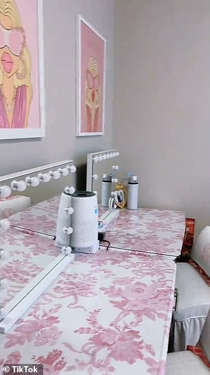 Meredith covered the desks with fabric from a LovesShackFancy bean bag to create a beauty station