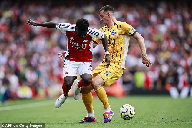 Lewis Dunk was outpaced by Saka in the build-up to the opening goal in North London