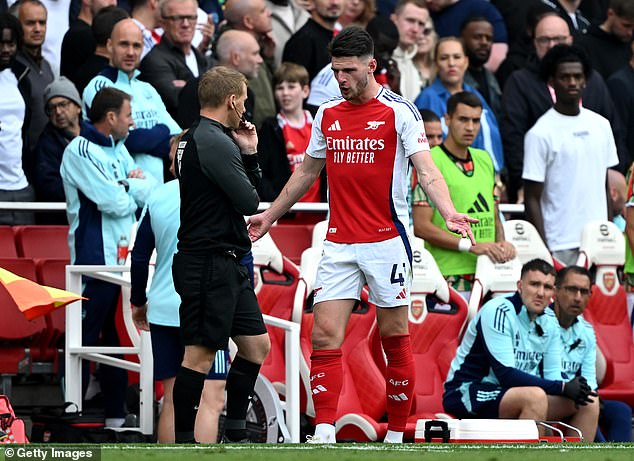 Arsenal star Rice appeared shocked and frustrated as he left the pitch after his dismissal